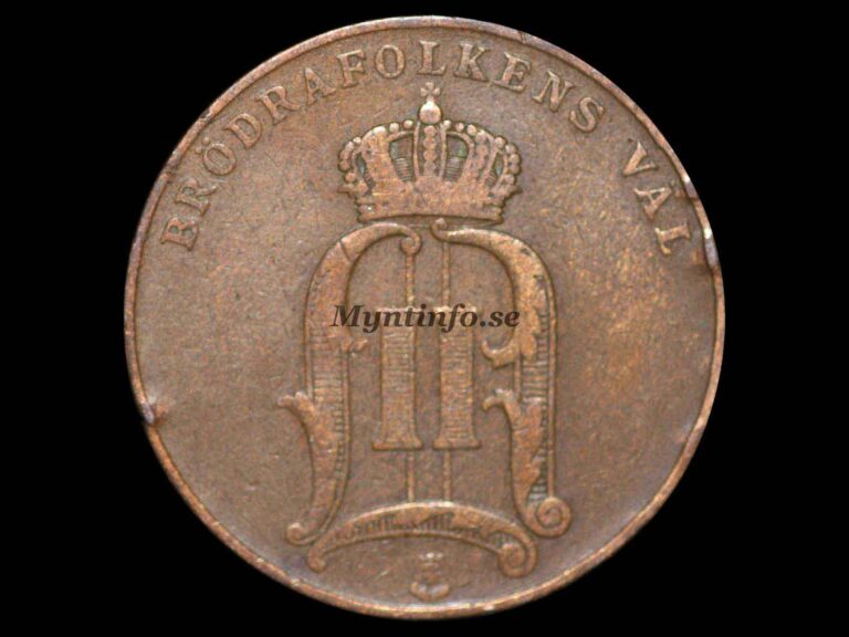 Svensk 5-öring 1902, framsida med Oscar II:s monogram, "BRÖDRAFOLKENS VÄL" och S:t Eriksvapnet, bild från Myntinfo.se.