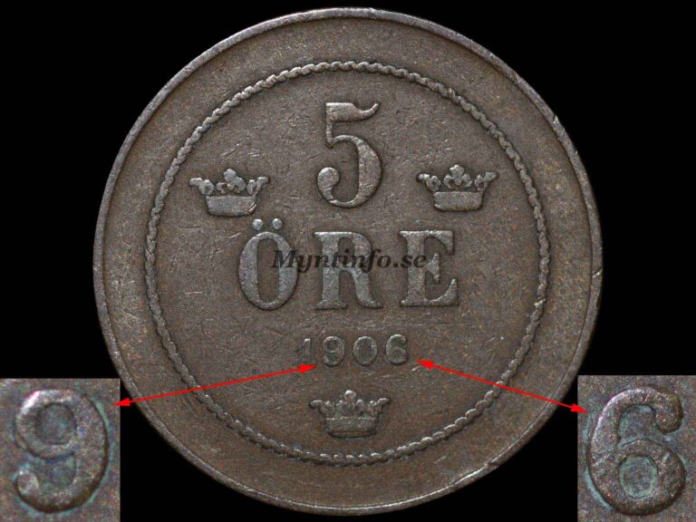 Svensk 5-öring 1906 med varianten "Öppen 9 & 6", baksida med valören "5" och "ÖRE", tre kronor, bild från Myntinfo.se.