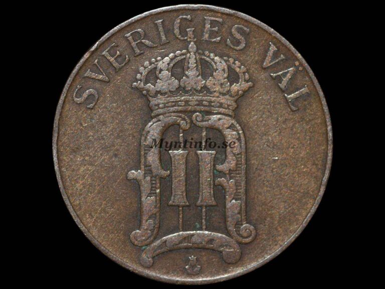 Svensk 5-öring 1906 med varianten "Öppen 9 & 6", framsida med Oscar II:s monogram, bild från Myntinfo.se.