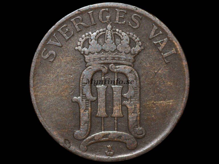 Svensk 5-öring 1906 med varianten "Sluten 9 & 6" , framsida med Oscar II:s monogram, bild från Myntinfo.se.