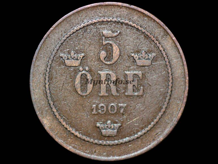 Svensk 5-öring 1907, baksida med valören "5" och "ÖRE", tre kronor, bild från Myntinfo.se.