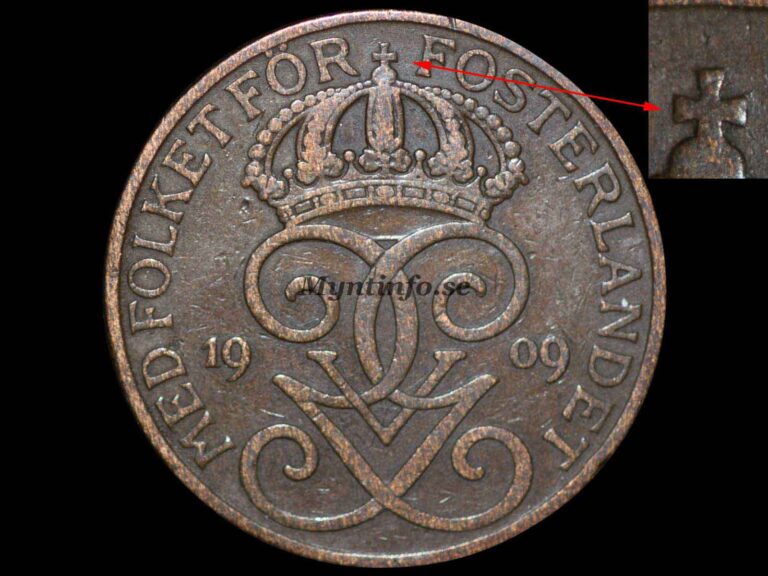Svensk 5-öring 1909 med varianten "Litet kors", framsida med Gustaf V Adolfs monogram, bild från Myntinfo.se.