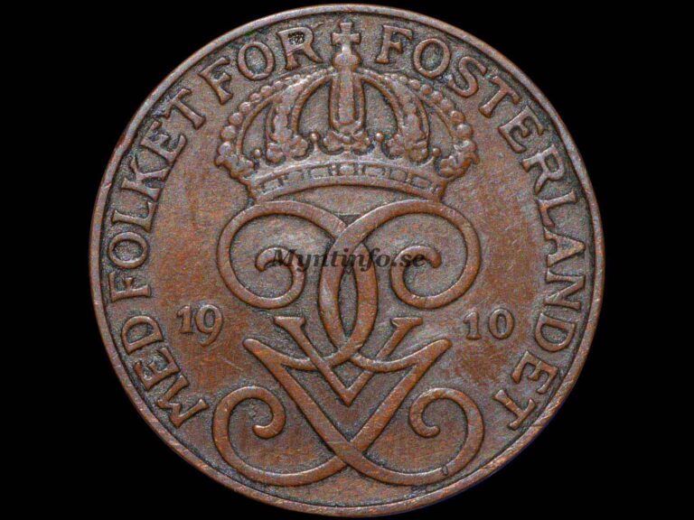 Svensk 5-öring 1910, framsida med Gustaf V Adolfs monogram, bild från Myntinfo.se.