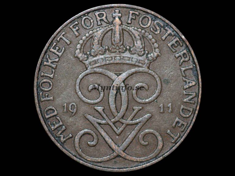 Svensk 5-öring 1911 med varianten "Smal bas på St:Erik", framsida med Gustaf V Adolfs monogram, bild från Myntinfo.se.