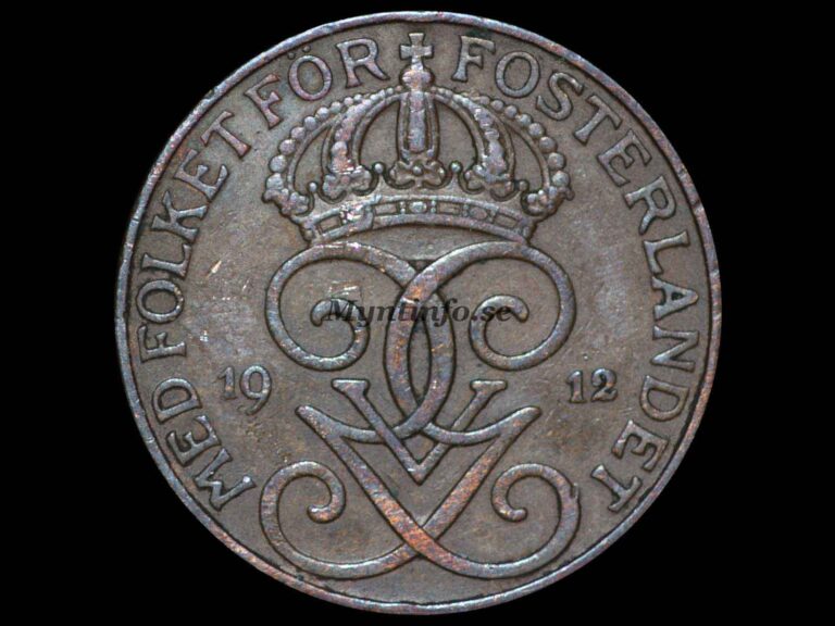 Svensk 5-öring 1912, framsida med Gustaf V Adolfs monogram, bild från Myntinfo.se.