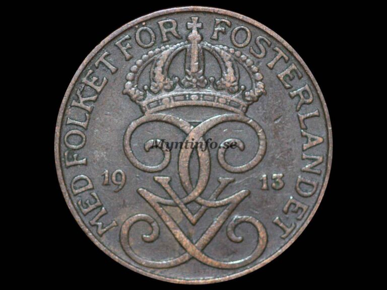 Svensk 5-öring 1913, framsida med Gustaf V Adolfs monogram, bild från Myntinfo.se.