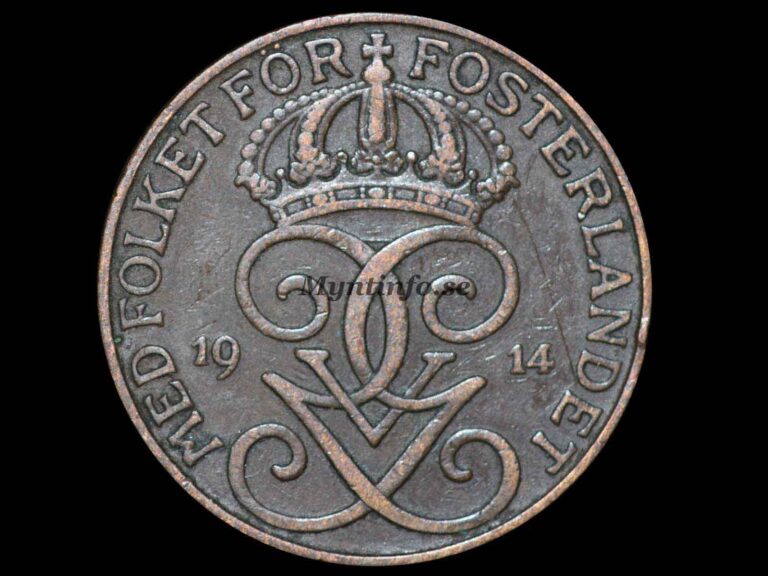 Svensk 5-öring 1914, framsida med Gustaf V Adolfs monogram, bild från Myntinfo.se.