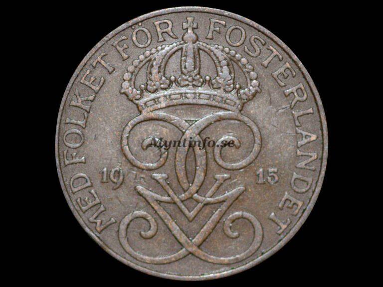 Svensk 5-öring 1915, framsida med Gustaf V Adolfs monogram, bild från Myntinfo.se.