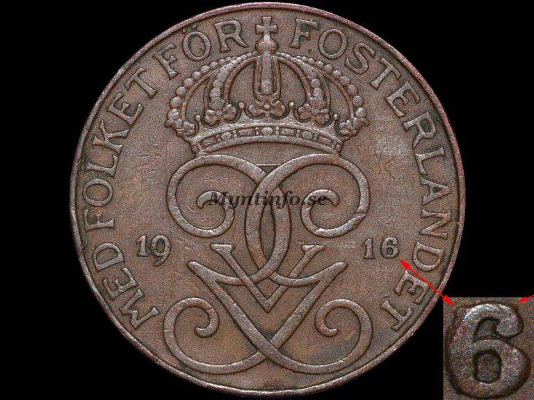 Svensk 5-öring 1916 med varianten "Kort 6 på 5", framsida med Gustaf V Adolfs monogram, bild från Myntinfo.se.