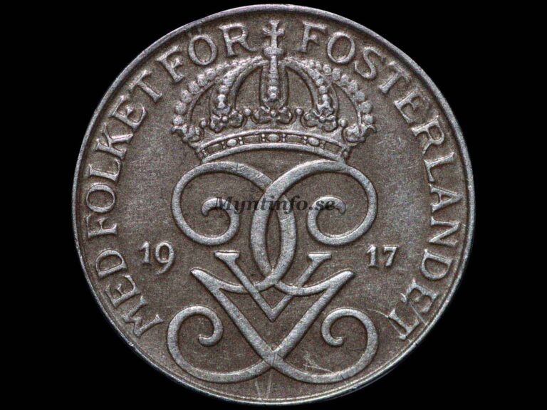 Svensk 5-öring 1917, framsida med Gustaf V Adolfs monogram, bild från Myntinfo.se.
