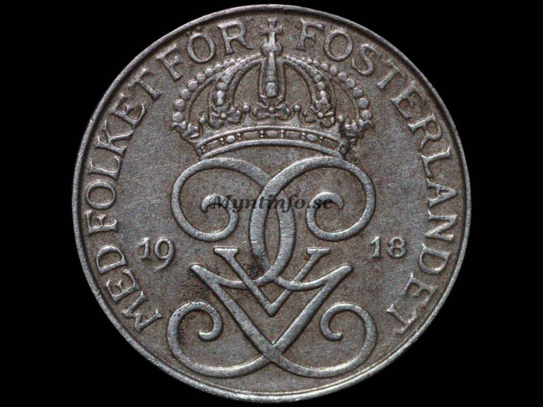 Svensk 5-öring 1918, framsida med Gustaf V Adolfs monogram, bild från Myntinfo.se.