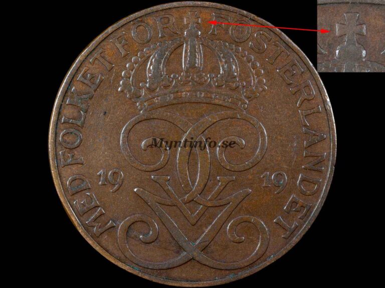 Svensk 5-öring 1919 med varianten "Brons & fylligt kors", framsida med Gustaf V Adolfs monogram, bild från Myntinfo.se.