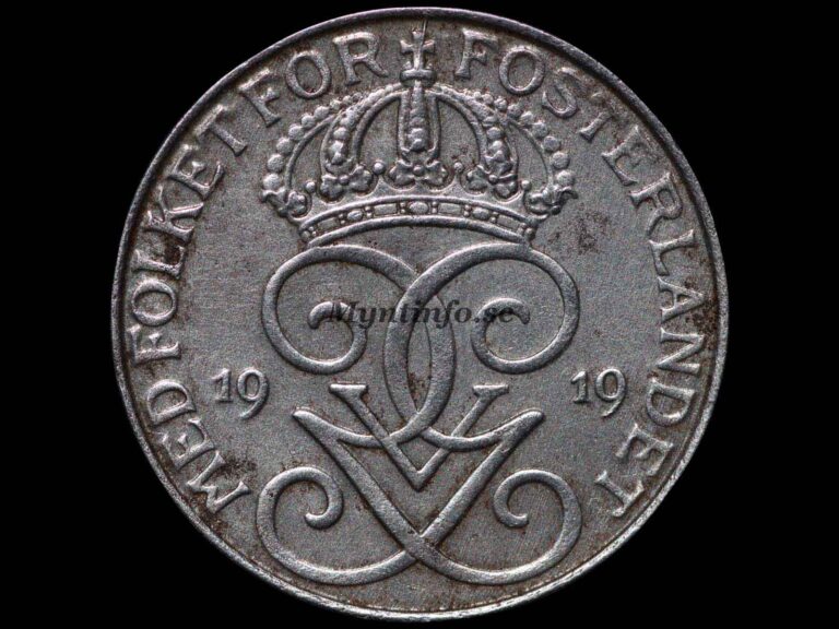 Svensk 5-öring 1919 med varianten "Järn", framsida med Gustaf V Adolfs monogram, bild från Myntinfo.se.