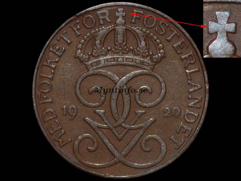 Svensk 5-öring 1920 med varianten "Fylligt kors" , framsida med Gustaf V Adolfs monogram, bild från Myntinfo.se.