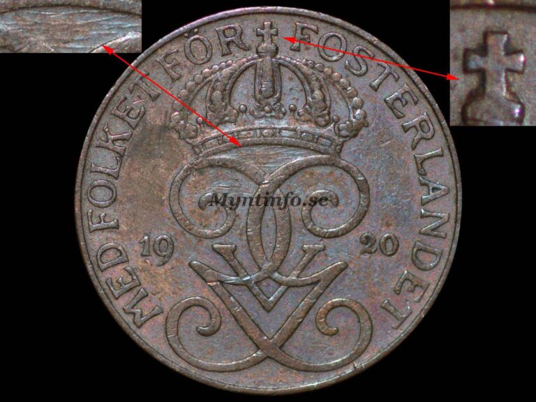 Svensk 5-öring 1920 med varianten "Smalt kors & Vågmönster", framsida med Gustaf V Adolfs monogram, bild från Myntinfo.se.