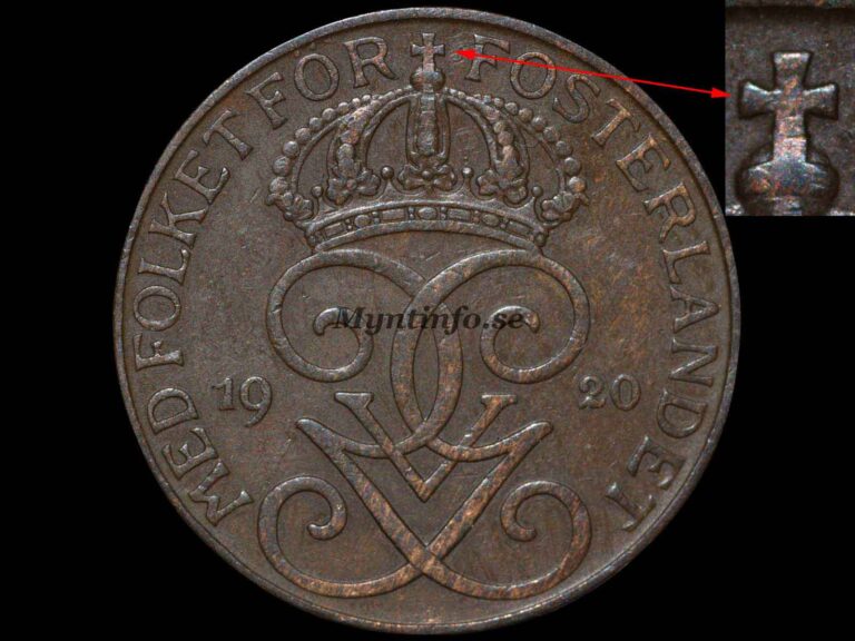 Svensk 5-öring 1920 med varianten "Smalt kors" , framsida med Gustaf V Adolfs monogram, bild från Myntinfo.se.