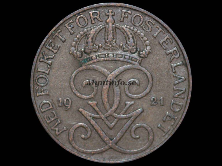 Svensk 5-öring 1921, framsida med Gustaf V Adolfs monogram, bild från Myntinfo.se.