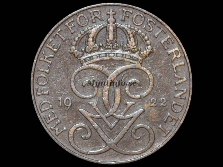 Svensk 5-öring 1922, framsida med Gustaf V Adolfs monogram, bild från Myntinfo.se.