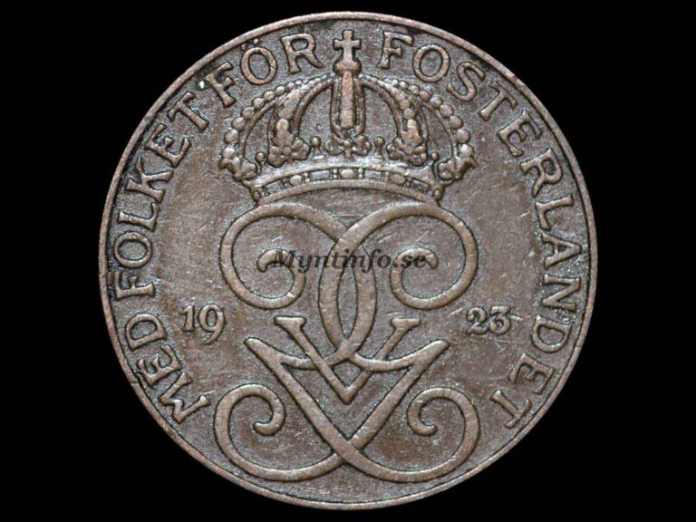 Svensk 5-öring 1923, framsida med Gustaf V Adolfs monogram, bild från Myntinfo.se.
