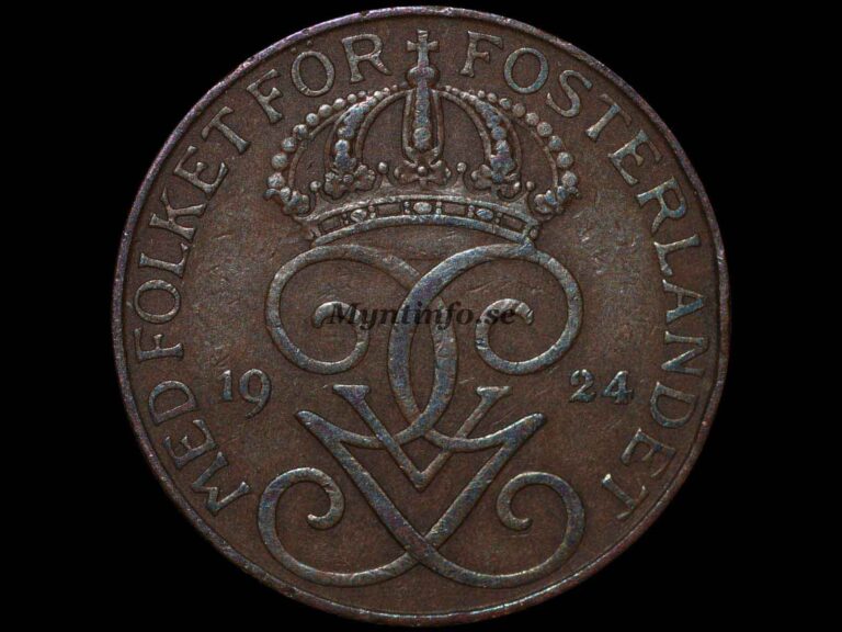 Svensk 5-öring 1924, framsida med Gustaf V Adolfs monogram, bild från Myntinfo.se.