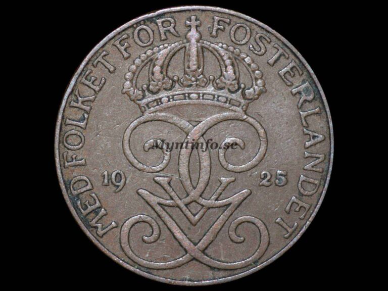 Svensk 5-öring 1925, framsida med Gustaf V Adolfs monogram, bild från Myntinfo.se.