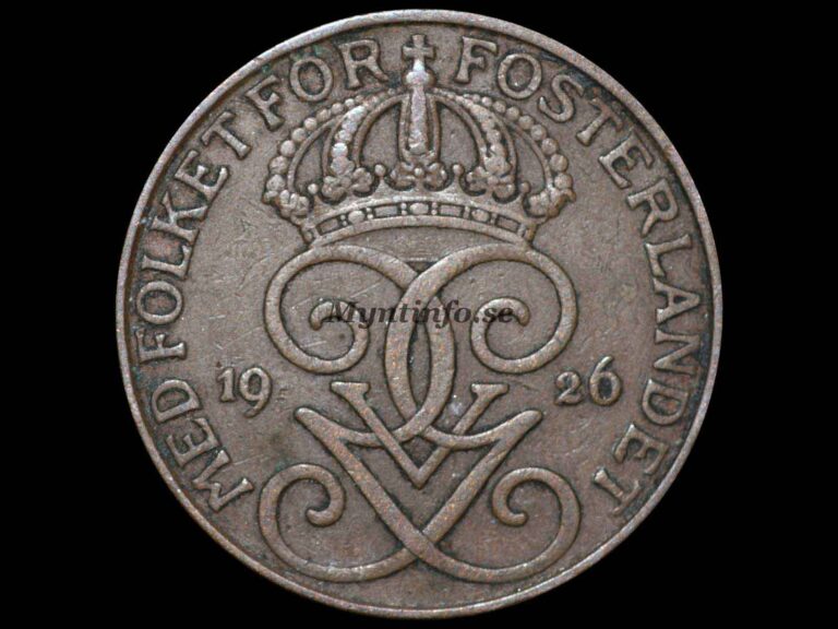 Svensk 5-öring 1926, framsida med Gustaf V Adolfs monogram, bild från Myntinfo.se.