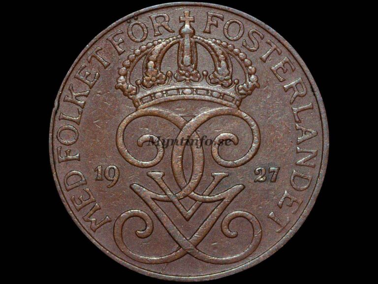 Svensk 5-öring 1927, framsida med Gustaf V Adolfs monogram, bild från Myntinfo.se.