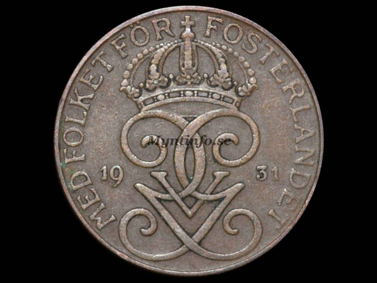 Svensk 5-öring 1931, framsida med Gustaf V Adolfs monogram, bild från Myntinfo.se.