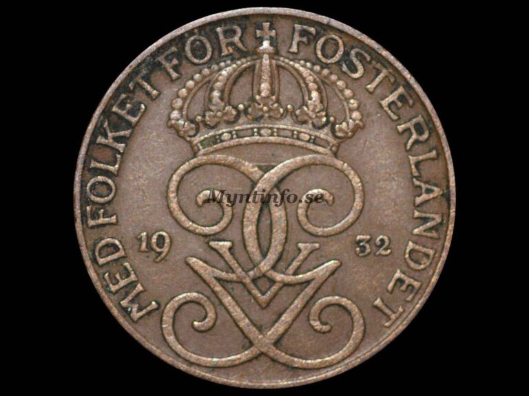 Svensk 5-öring 1932, framsida med Gustaf V Adolfs monogram, bild från Myntinfo.se.