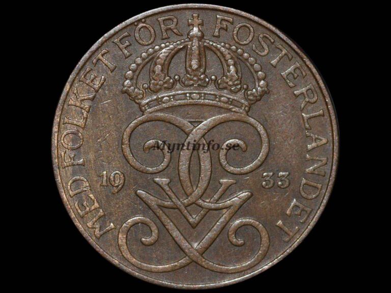 Svensk 5-öring 1933, framsida med Gustaf V Adolfs monogram, bild från Myntinfo.se.