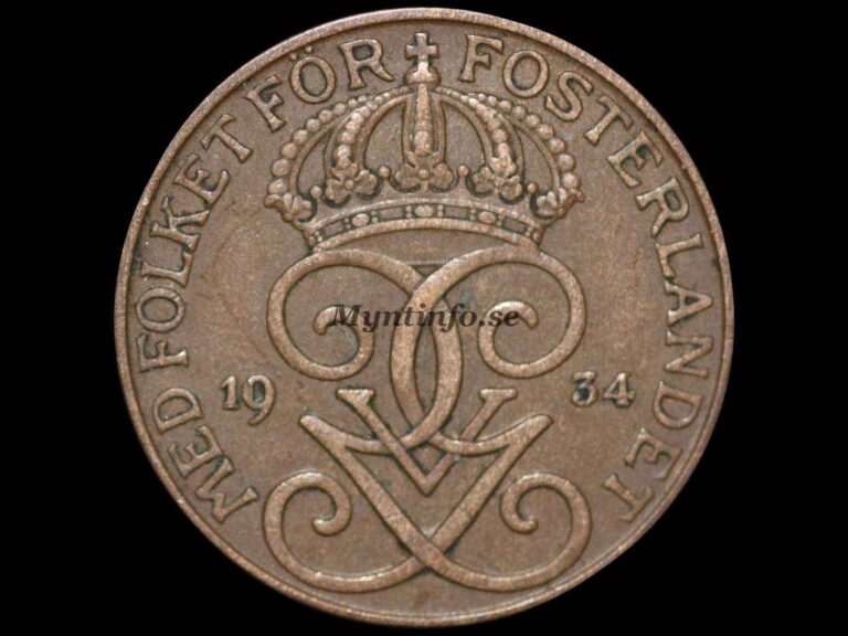 Svensk 5-öring 1934, framsida med Gustaf V Adolfs monogram, bild från Myntinfo.se.