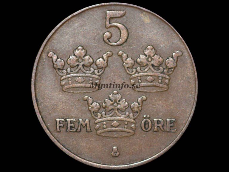 Svensk 5-öring 1935, baksida med tre kronor, valören "5" och "FEM ÖRE", S:t Eriksvapnet, bild från Myntinfo.se.