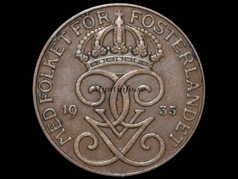 Svensk 5-öring 1935, framsida med Gustaf V Adolfs monogram, bild från Myntinfo.se.