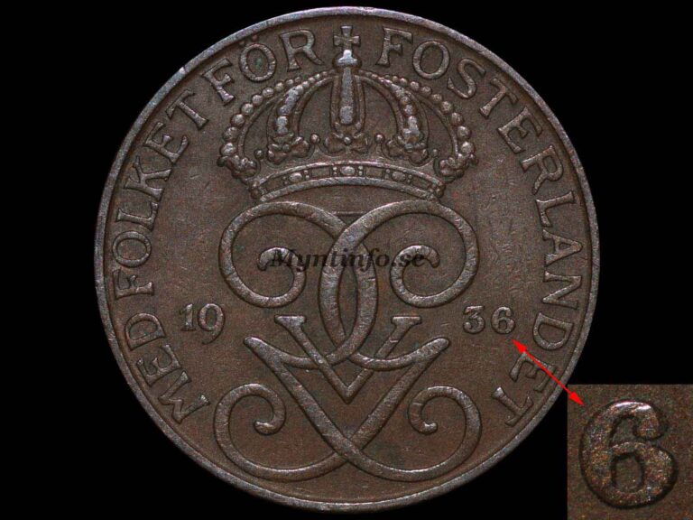 Svensk 5-öring 1936 med varianten "Kort 6", framsida med Gustaf V Adolfs monogram, bild från Myntinfo.se.