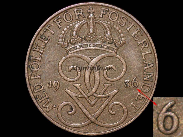 Svensk 5-öring 1936 med varianten "Lång 6", framsida med Gustaf V Adolfs monogram, bild från Myntinfo.se.