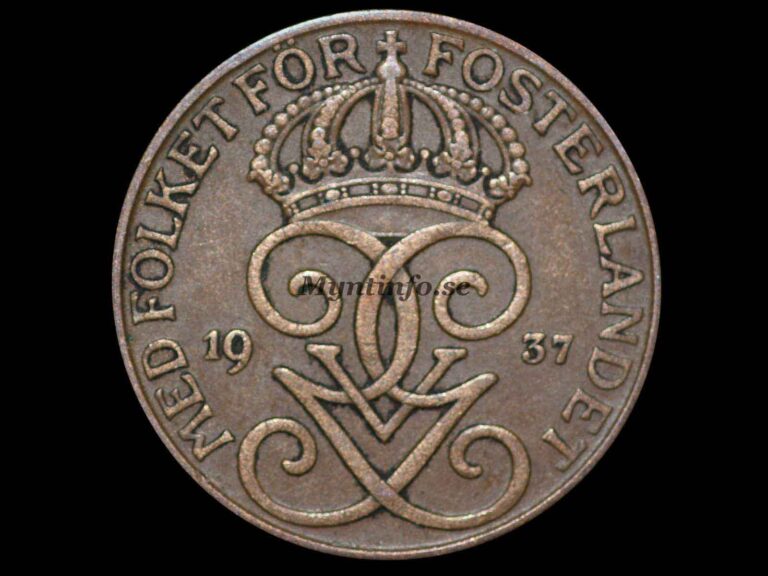 Svensk 5-öring 1937, framsida med Gustaf V Adolfs monogram, bild från Myntinfo.se.