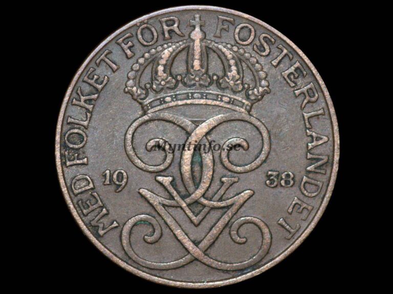 Svensk 5-öring 1938, framsida med Gustaf V Adolfs monogram, bild från Myntinfo.se.