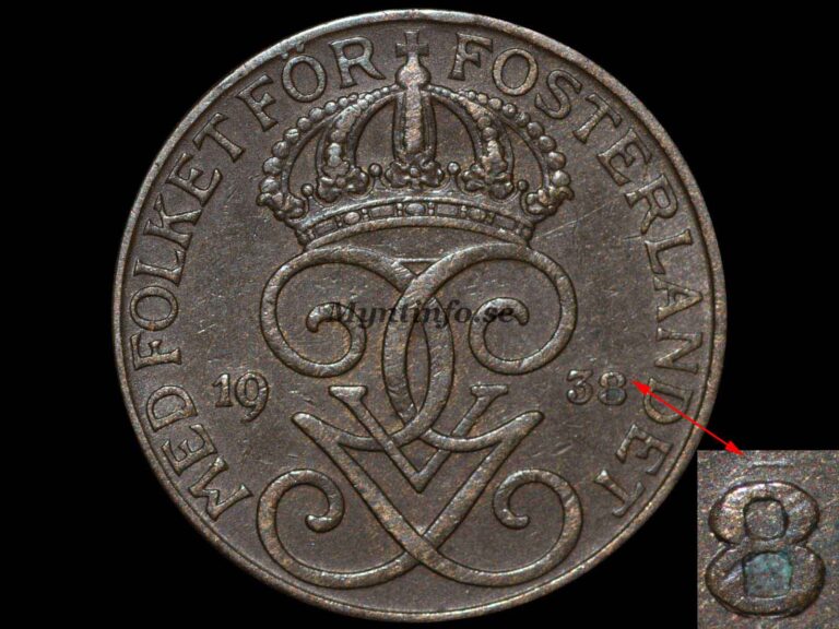 Svensk 5-öring 1938 med varianten "ompunsad 8", framsida med Gustaf V Adolfs monogram, bild från Myntinfo.se.