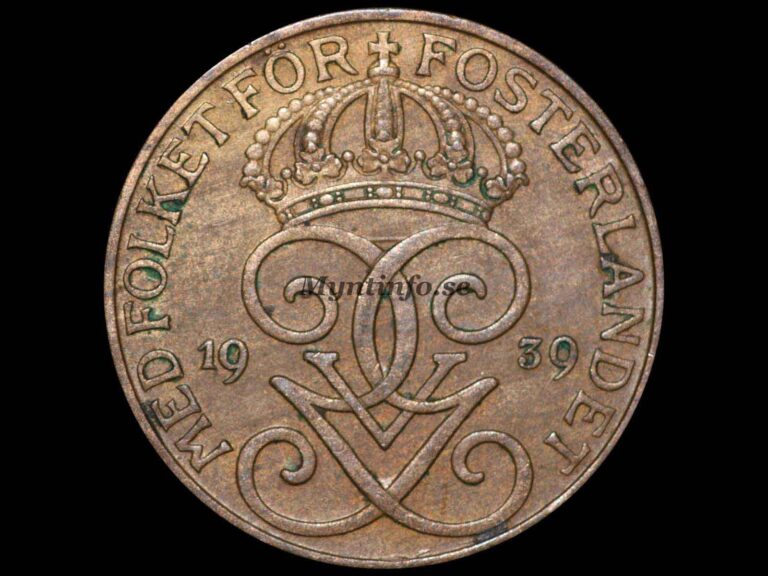 Svensk 5-öring 1939, framsida med Gustaf V Adolfs monogram, bild från Myntinfo.se.