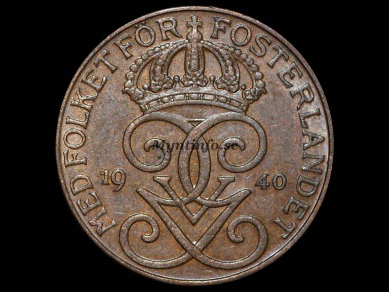 Svensk 5-öring 1940, framsida med Gustaf V Adolfs monogram, bild från Myntinfo.se.