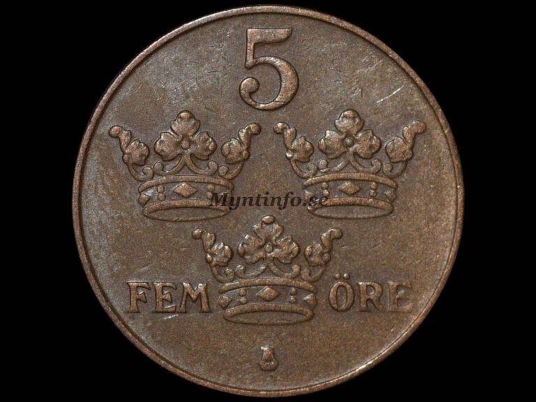 Svensk 5-öring 1940 med varianten "ompunsad 4", baksida med tre kronor, valören "5" och "FEM ÖRE", S:t Eriksvapnet, bild från Myntinfo.se.