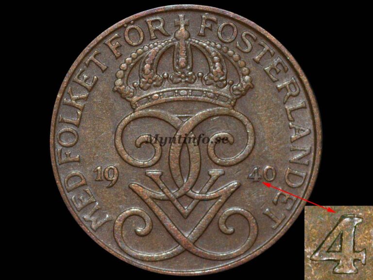 Svensk 5-öring 1940 med varianten "ompunsad 4", framsida med Gustaf V Adolfs monogram, bild från Myntinfo.se.