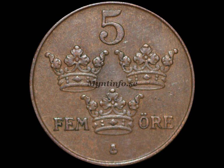 Svensk 5-öring 1941, baksida med tre kronor, valören "5" och "FEM ÖRE", S:t Eriksvapnet, bild från Myntinfo.se.