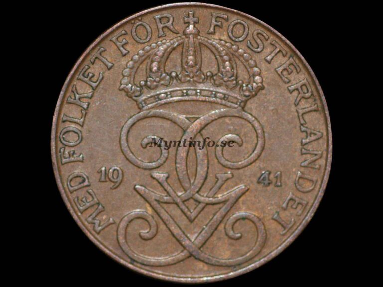 Svensk 5-öring 1941, framsida med Gustaf V Adolfs monogram, bild från Myntinfo.se.