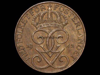 Svensk 5-öring 1942 med varianten "Brons", framsida med Gustaf V Adolfs monogram, bild från Myntinfo.se.