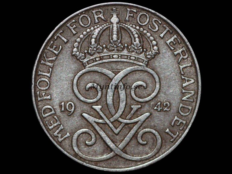 Svensk 5-öring 1942 med varianten "Järn, ljust yta", framsida med Gustaf V Adolfs monogram, bild från Myntinfo.se.
