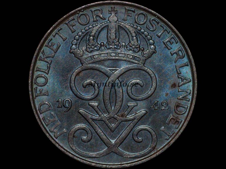 Svensk 5-öring 1942 med varianten "Järn, blåanlöpt", framsida med Gustaf V Adolfs monogram, bild från Myntinfo.se.