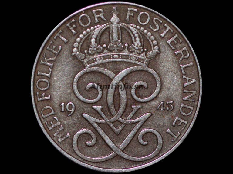 Svensk 5-öring 1943, framsida med Gustaf V Adolfs monogram, bild från Myntinfo.se.