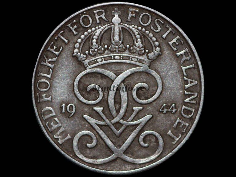 Svensk 5-öring 1944, framsida med Gustaf V Adolfs monogram, bild från Myntinfo.se.