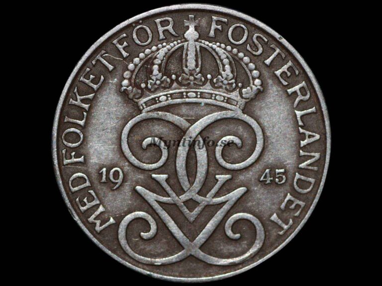 Svensk 5-öring 1945, framsida med Gustaf V Adolfs monogram, bild från Myntinfo.se.